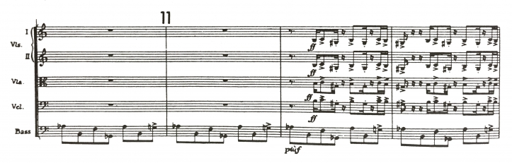 Figure 2. Sensemayá, “Mayombe” theme from version one (manuscript) starting at rehearsal no. 6, measure 5; and from published score, rehearsal no. 11, measure 2, strings (Garland 1991:182)
